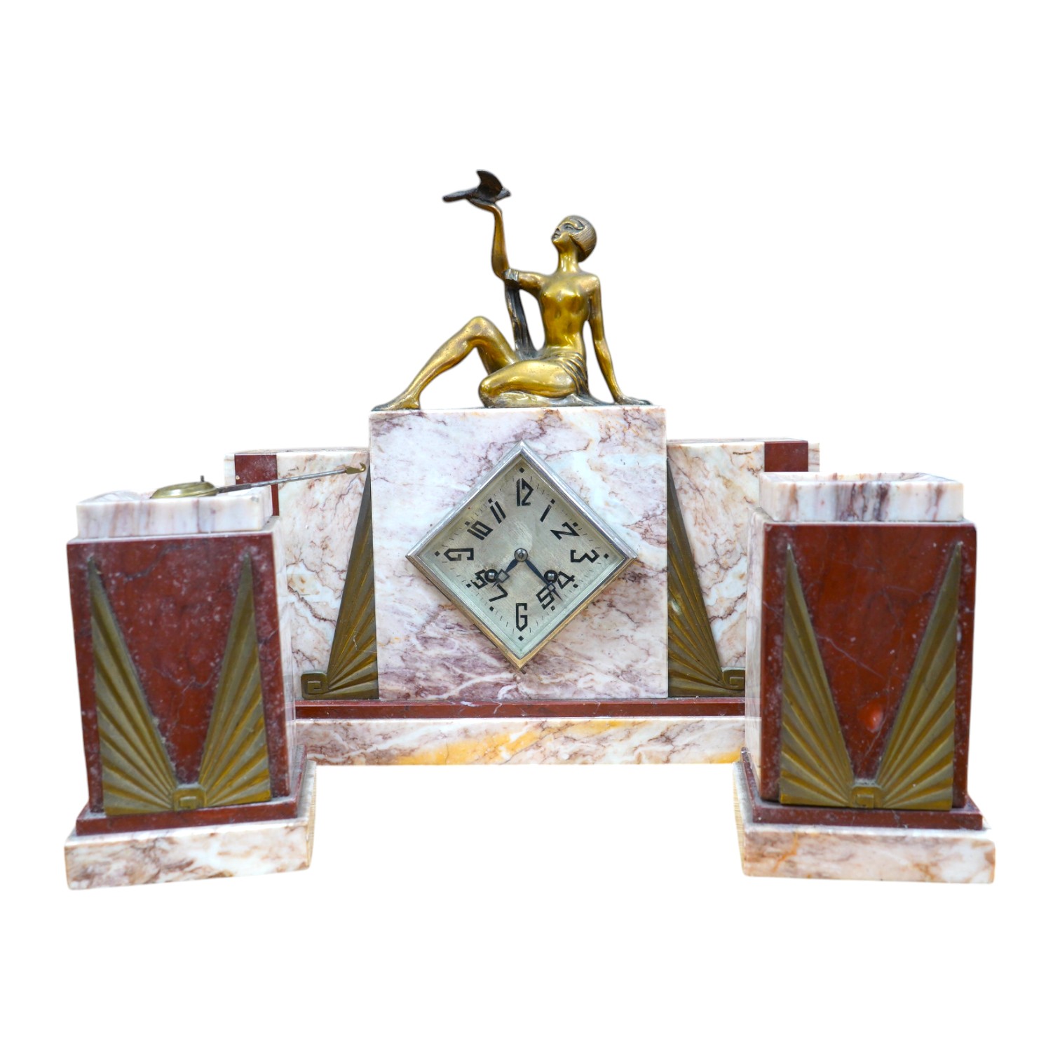 A French Art Deco brass mounted marble clock garniture with figural surmount, clock 38cm wide. Condition - good, unknown if clock working